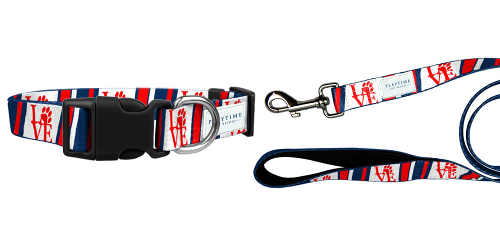 Image of a Playtime Pet Resort branded collar and leash set