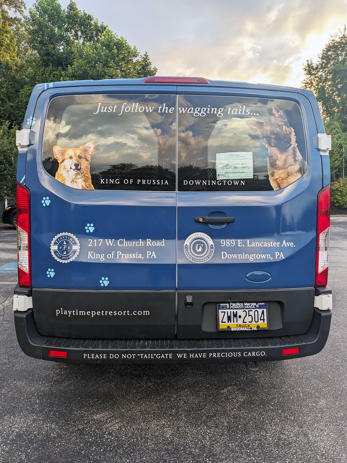 Image of the back of the Playtime Pet Resort shuttle van